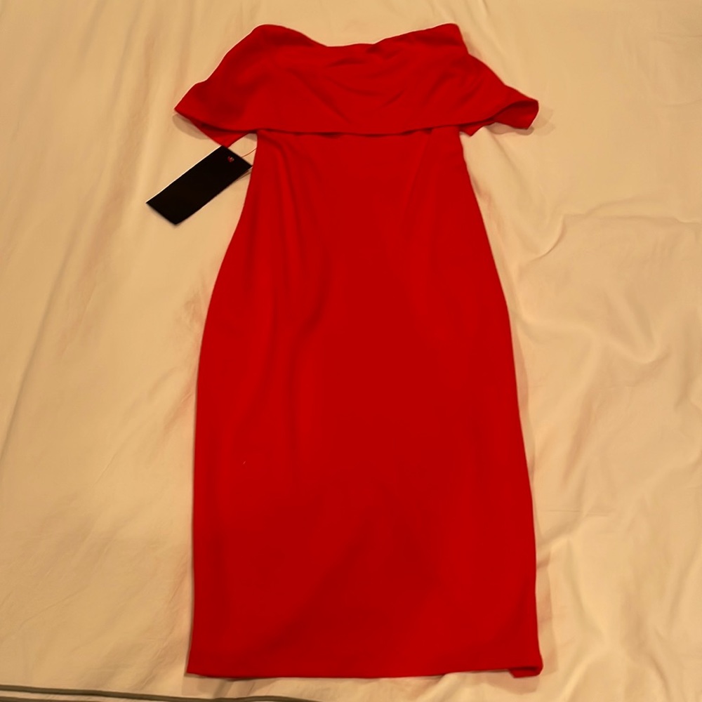 Red Bebe off the shoulder stretchy dress
